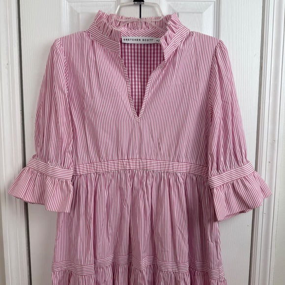 Gretchen Scott Pink White Stripe Tiered Ruffle Dress Womens S Preppy Cotton - Picture 2 of 7